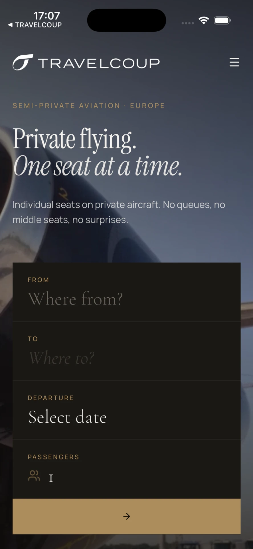 Travelcoup iPhone app search screen